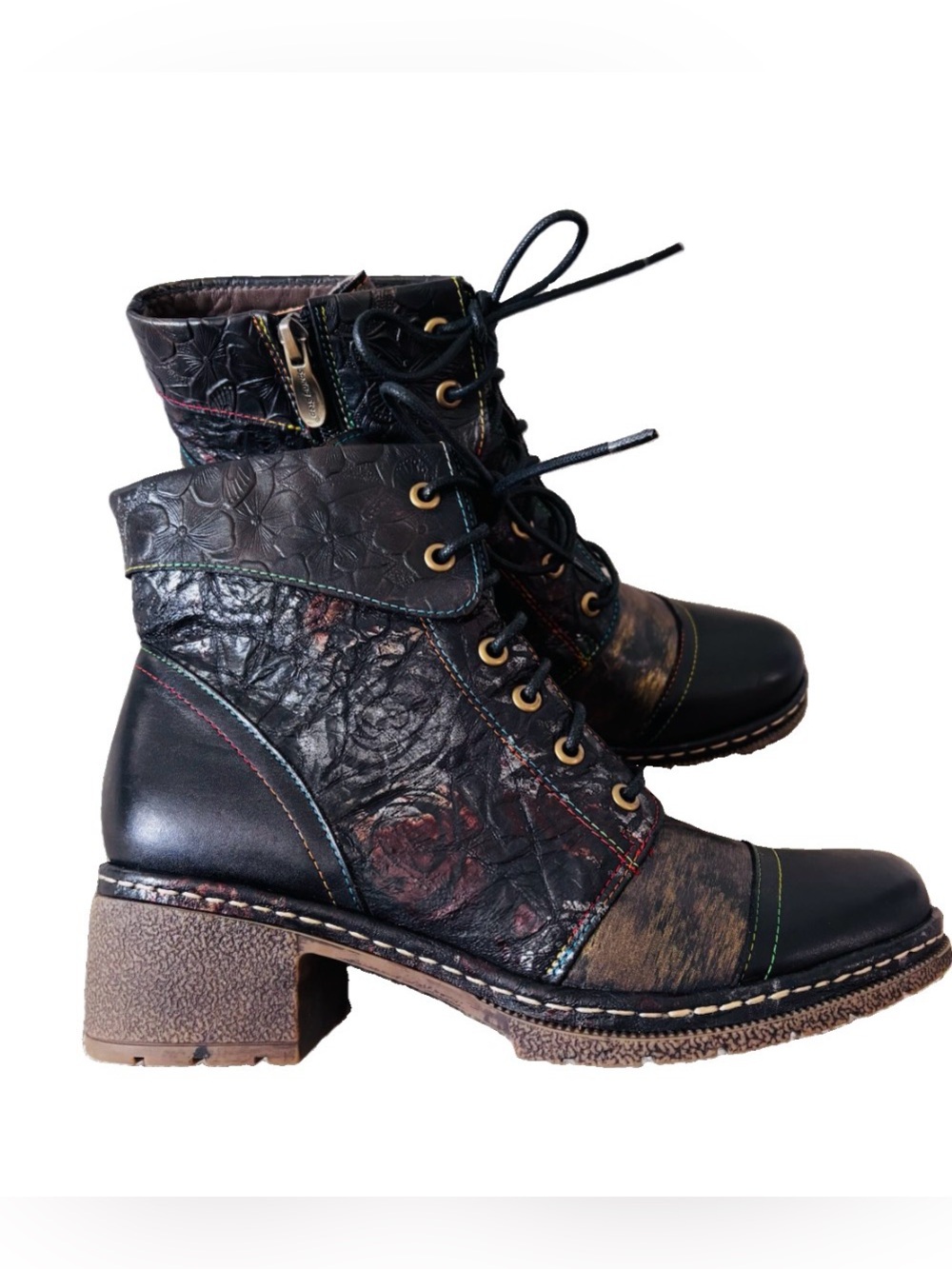 L’Artiste Spring Step Fallinluv Black Floral Embossed Lace Up Ankle Boots Sz10
